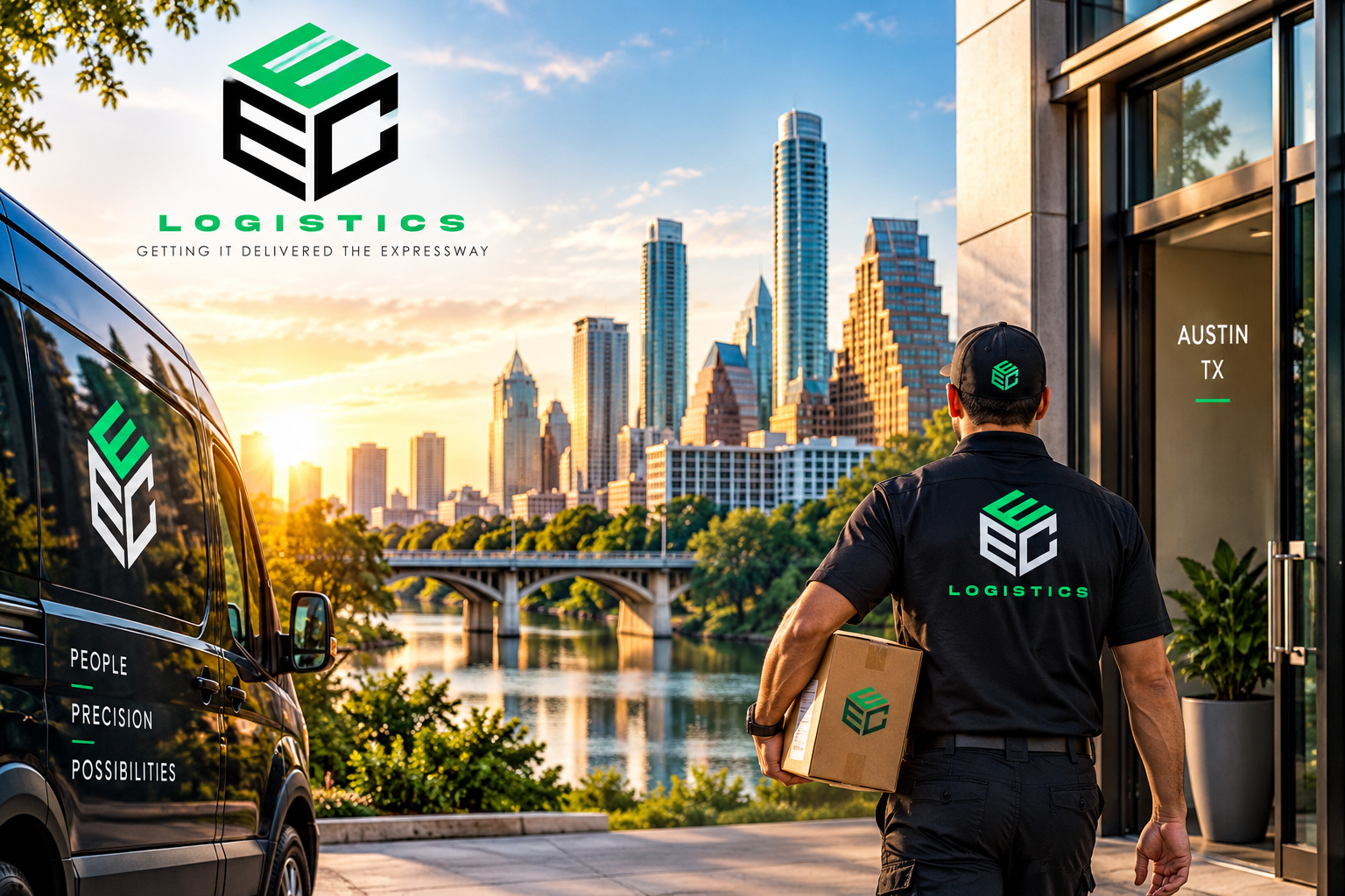 EEC Logistics courier delivering a business package in Austin Texas with branded delivery van