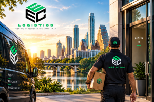 EEC Logistics courier delivering a business package in Austin Texas with branded delivery van