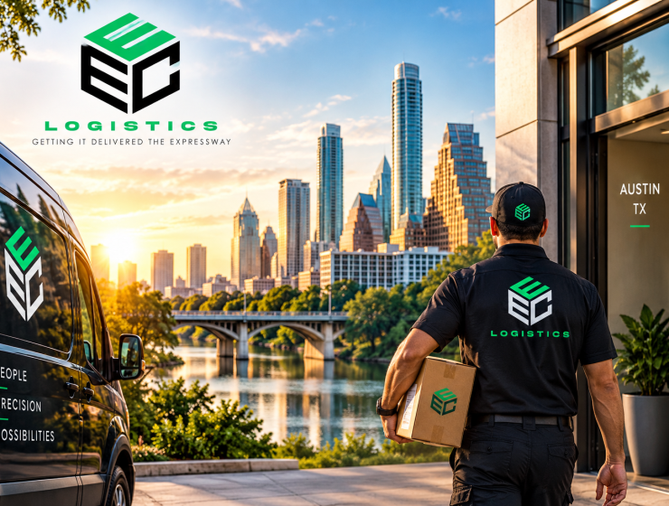 EEC Logistics courier delivering a business package in Austin Texas with branded delivery van
